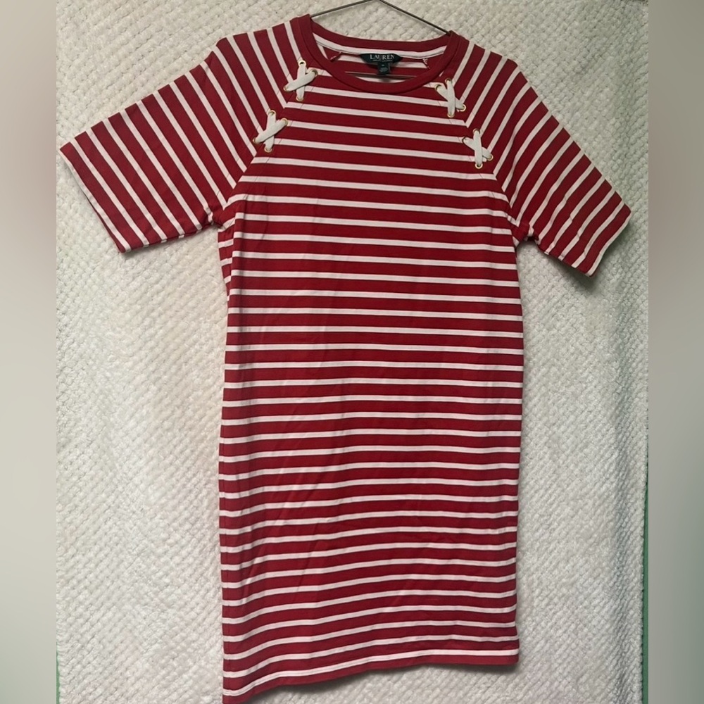 Lauren Ralph Lauren T-Shirt Dress Red White Striped Short Sleeve Knit Medium
